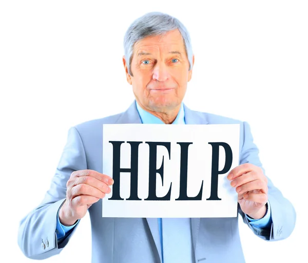 Nice businessman at the age, with a request for help. Isolated on a white background. — Stock Photo, Image