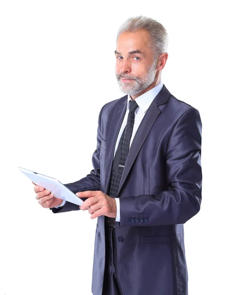 Businessman using a tablet computer - isolated over a white background — Stock Photo, Image