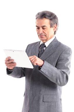 Beyaz bir arka plan üzerinde izole bir tablet bilgisayar - işadamı