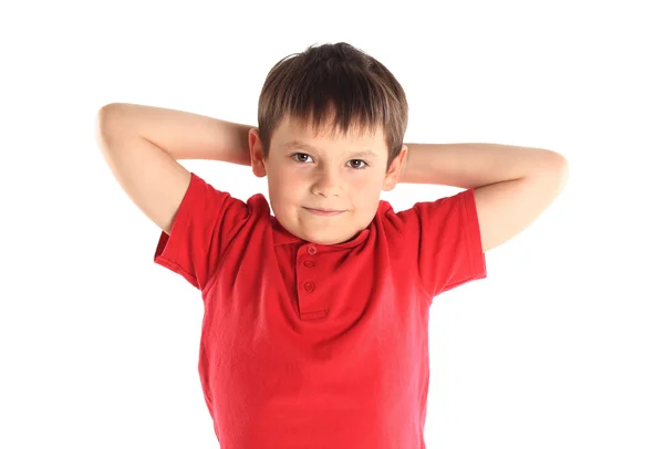 Kinderen van yoga. de kleine jongen oefent. — Stockfoto