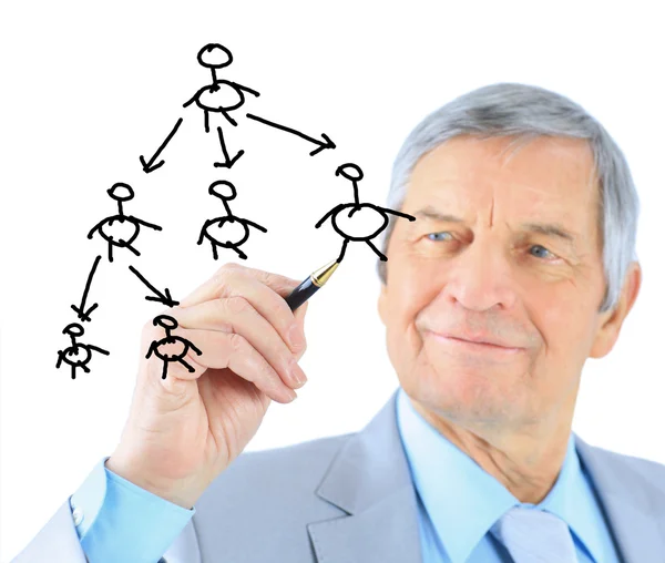 Affärsman i ålder, ritar ett diagram. isolerad på en vit bakgrund. — Stockfoto