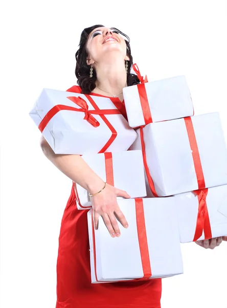 Mujer atractiva emocionada con muchas cajas de regalo y bolsas . — Foto de Stock