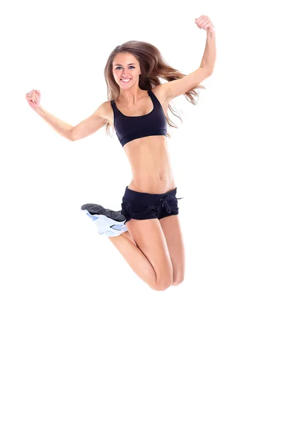 Jeune femme en pose de yoga sur fond blanc isolé — Photo