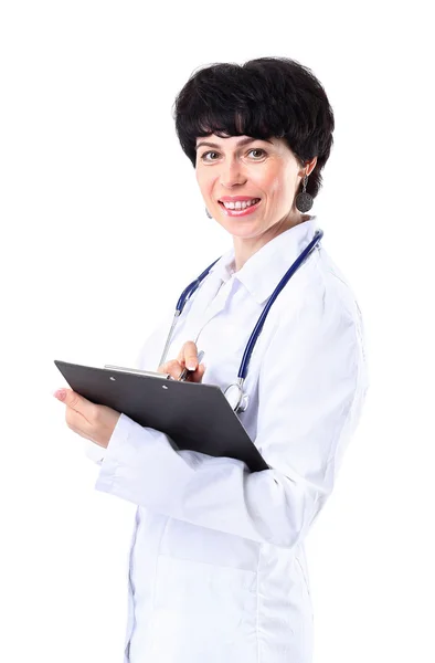 Brunette asian doctor woman writing in black folder and stethoscope — Stock Photo, Image