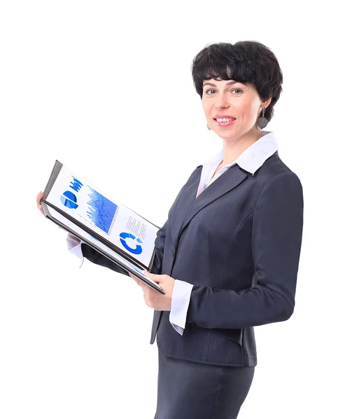 Portrait de femme d'affaires souriante avec dossier papier, isolé sur fond blanc — Photo