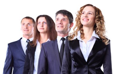 Önünde mutlu bir bayan lider olan bir grup iş adamı.