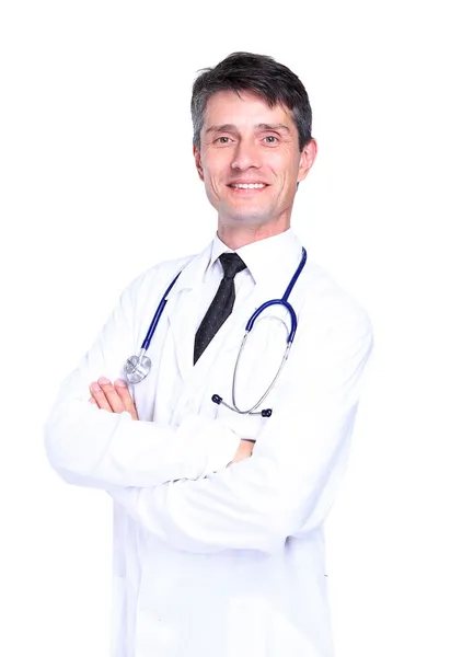 Retrato de jovem médico confiante em fundo branco — Fotografia de Stock