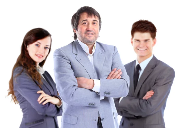 Lächelndes Business-Team aufrecht stehend mit den Händen auf den Hüften — Stockfoto