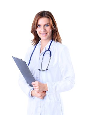 Dost canlısı kadın doktor, beyaz bir arka planda izole edilmiş.