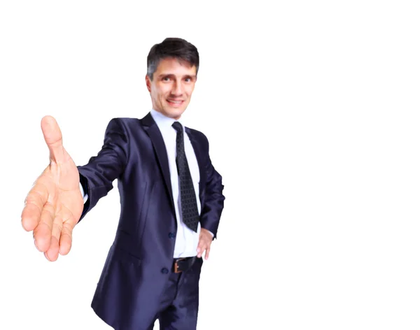Geschäftsmann mit ausgestreckter Hand zum Händedruck - isoliert über Weiß — Stockfoto
