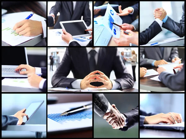 Collage of businesswoman hands working with touchpad and papers in office — Stock Photo, Image