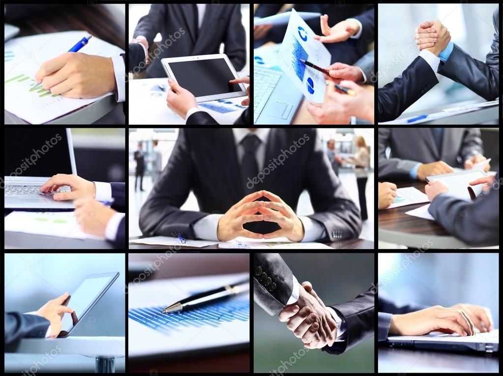 Collage of businesswoman hands working with touchpad and papers in office