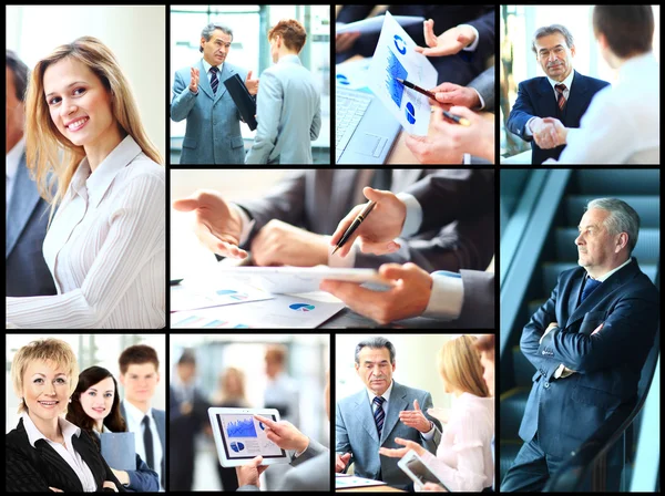 Collage av smarta affärsmän och händerna på kamrater — Stockfoto