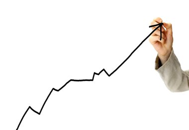 işadamı bir grafiğini çizer. Beyaz bir arka plan üzerinde izole.