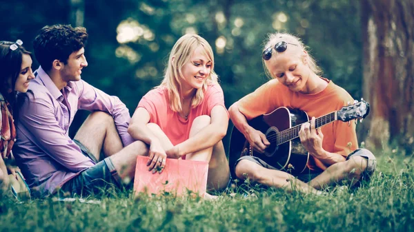 Bir grup öğrenci parkta oturan bir gitar ile — Stok fotoğraf