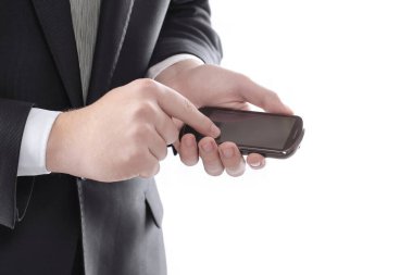 yakın çekim. SMS Smartphone'da tipik iş adamı