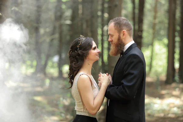Bruid en bruidegom staan in het bos.foto met wolk effect — Stockfoto