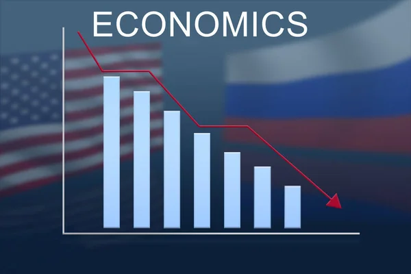 A recesszió grafikonja az USA és Oroszország zászlóinak hátterében . Stock Kép