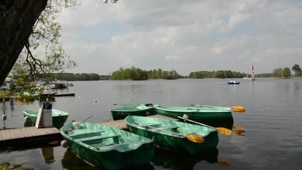 Lago con barcos y castillo histórico Trakai panorama — Vídeos de Stock