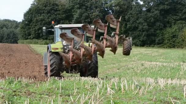 Tracteur labourant sur le labour d'automne — Video