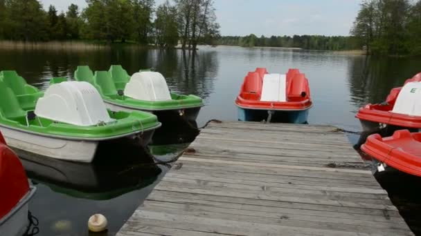 Различные лодки на озере — стоковое видео