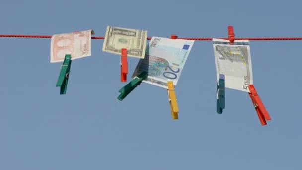 Currency banknote on clothes-line after money-laundering — Stock Video