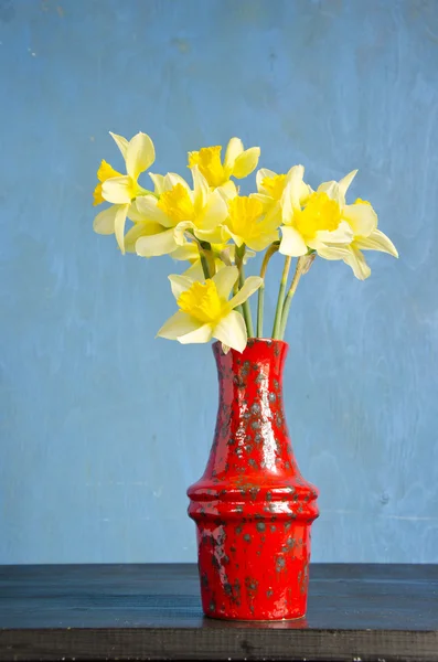 Röd vas på bordet med våren narcissus — Stockfoto