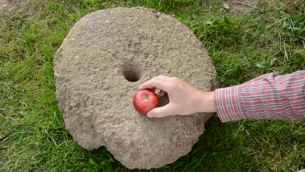 Ponha três maçãs vermelhas de fim de verão na pedra de moinho — Vídeo de Stock