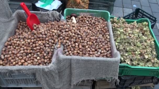 Fresh hazelnuts boxes in autumn market — Stock Video