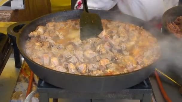 Cooking hot meat stew in big pan — Stock Video