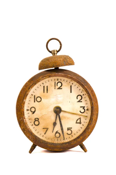 Ancient grunge and rusted alarm-clock on white — Stock Photo, Image