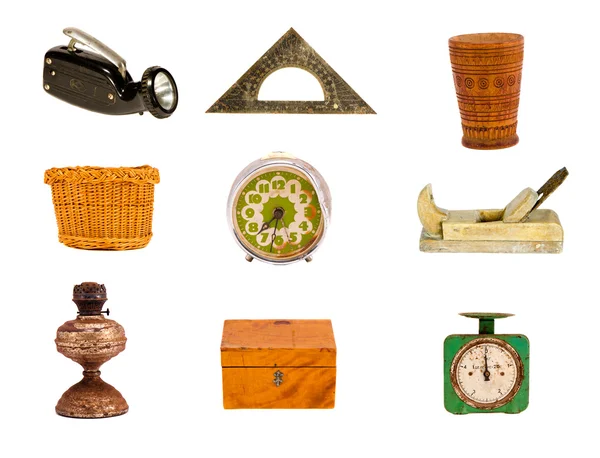 Various old objects and tools group on white — Stock Photo, Image