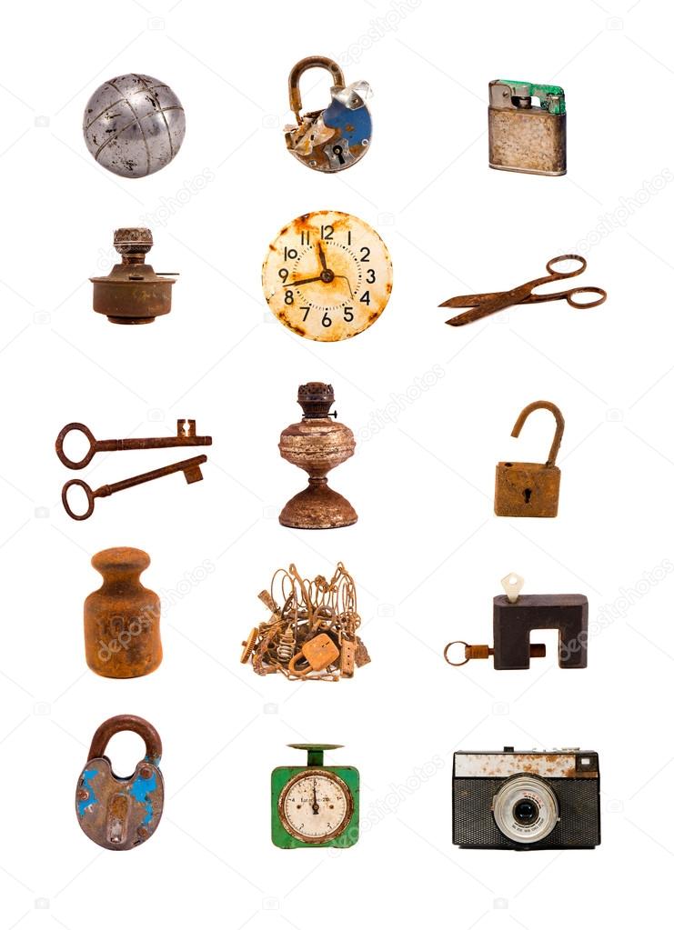Various old objects and tools assorted group on white