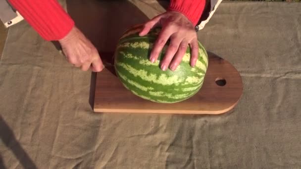 Kobieta emeryt cięcia fres wielki arbuz — Wideo stockowe