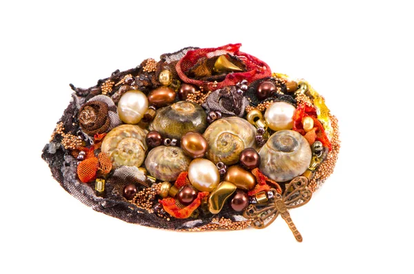 Original handmade brooch with various stones and shells — Stock Photo, Image