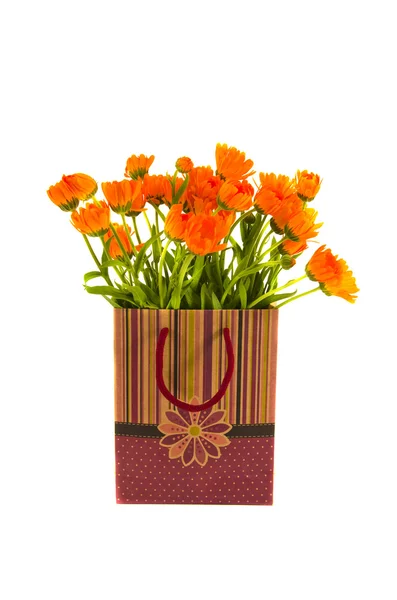 Summer healthly calendula flowers gift bag isolated on white — Stock Photo, Image