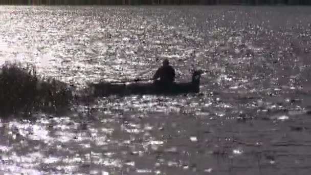 Silhouette de pêcheur solitaire en bateau — Video