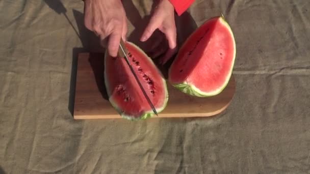 Old woman hands cutting watermelon — Stock Video