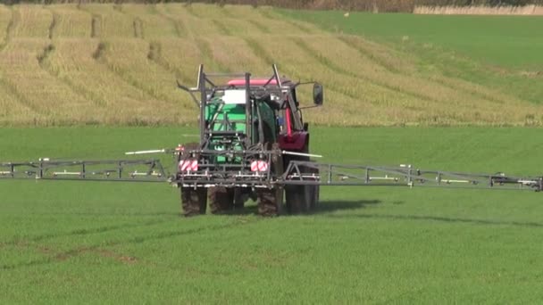 Trekker spray herfst groen gewas veld — Stockvideo