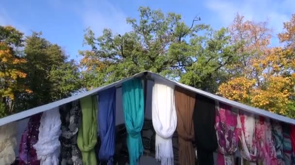 Colorful assorted shawls in street fair — Stock Video