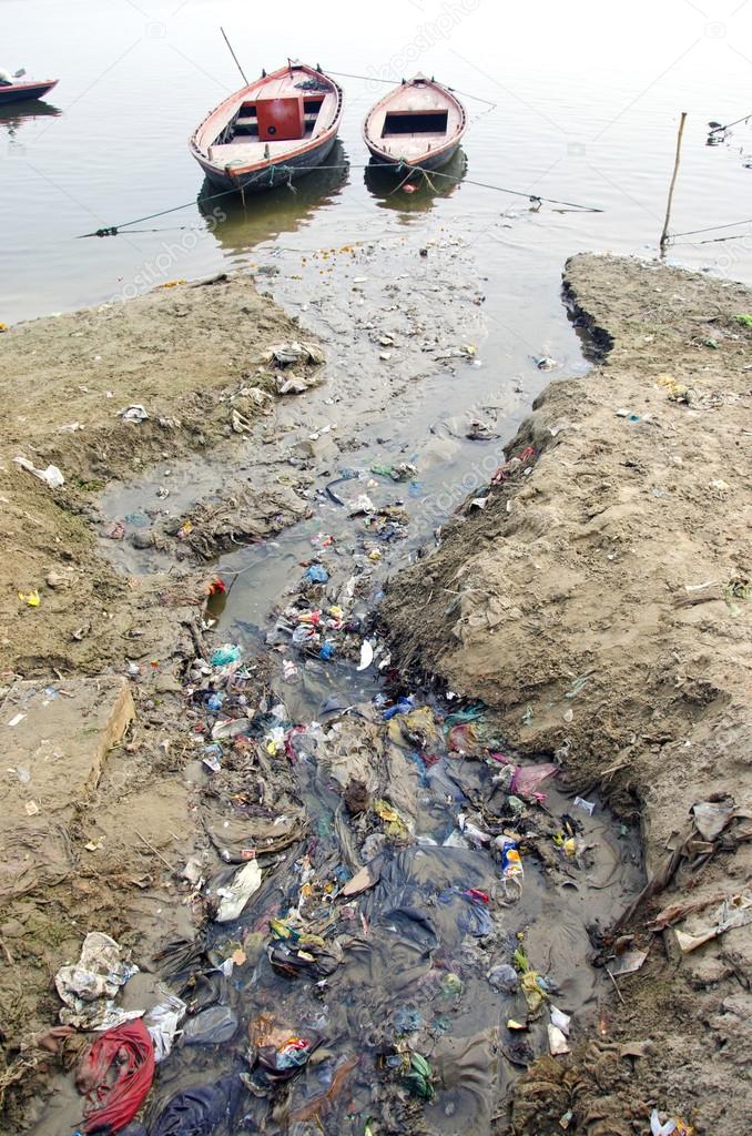 Sewage water pollution channel to holy Ganges river, India