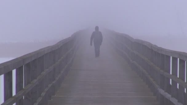 Eenzame schooljongen wandelen in de winter mist op houten brug — Stockvideo