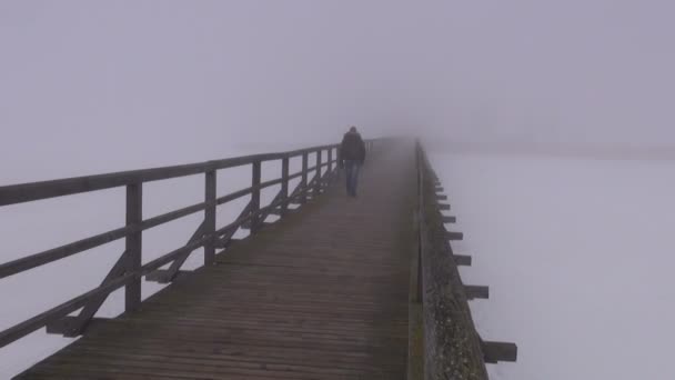 Träbro i dimma och ensam man walking — Stockvideo