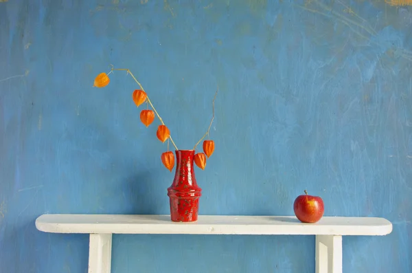 Manzana roja y cáscara seca flores de tomate en jarrón — Foto de Stock