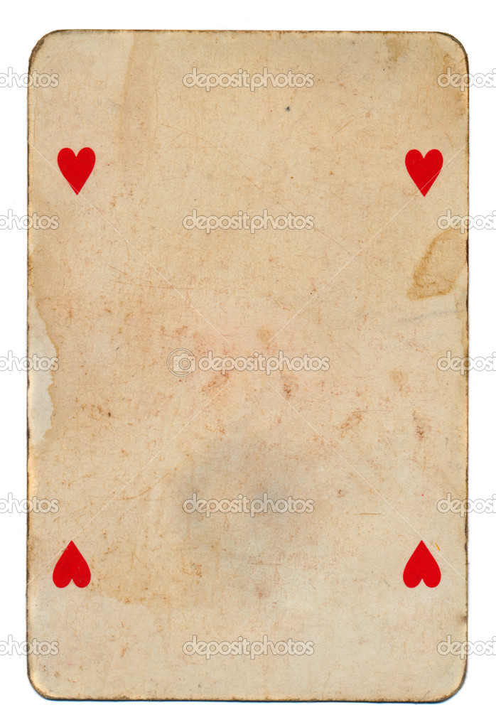 old grunge playing card with four hearts isolated on white