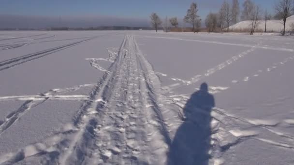 雪と影と冬の湖の上を歩いてください。 — ストック動画