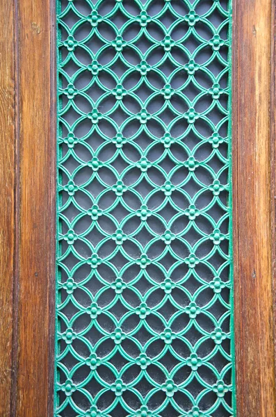 Green painted metal grate on city door — Stock Photo, Image