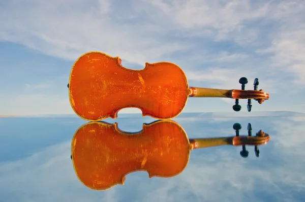 Old violin on mirror and sky space — Stock Photo, Image