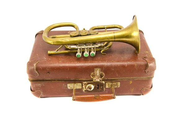 Old suitcase and vintage brass musical instrument — Stock Photo, Image