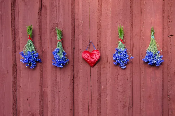 Quatre bouquet de bleuets bleus et coeur rouge sur le mur de la maison — Photo